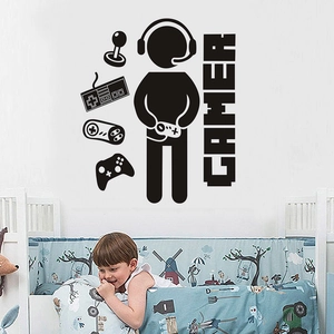 Black vinyl gamer wall sticker featuring a headphone user and joystick for bedroom decor