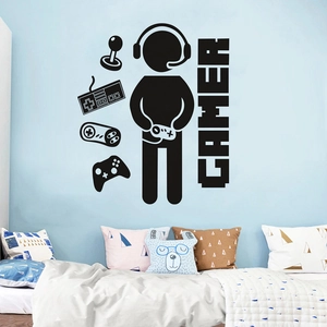 Black Gamer wall decal with headset silhouette and game controller icons for bedroom