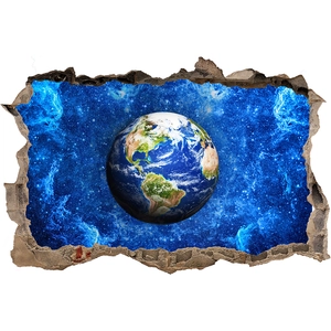 Sticker mural 3D espace avec vue sur la Terre à travers un effet de mur de pierre fissuré