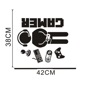 Detail view of gamer wall sticker layout featuring icons and 38cm x 42cm dimensions