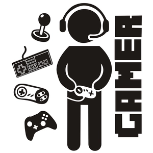 Minimalist vinyl gamer wall decal featuring vintage controllers and headset silhouette