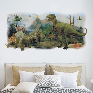 Realistic 3D dinosaur wall sticker featuring T-Rex and forest scene over a bedroom bed