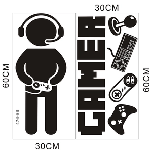 Macro detail of video game wall sticker set with gamer icons and size markers