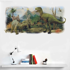 3D realistic dinosaur wall sticker with T-Rex and volcano in a Nordic style bedroom setup