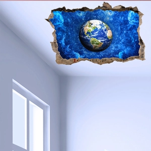 Sticker mural 3D terre espace avec effet mur brisé pour décoration de salon et chambre d'enfant