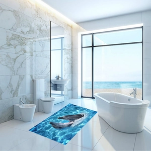 Sticker de sol 3D détaillé avec dauphins et récif corallien dans une salle de bain moderne