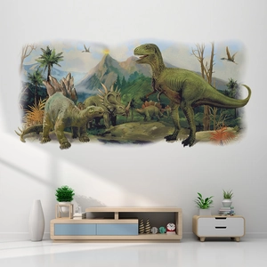 Detailed 3D dinosaur world wall sticker showing realistic T-Rex and prehistoric forest