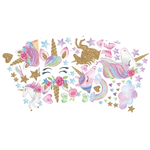 Luminous gold unicorn wall sticker set with stars and clouds for nursery decor