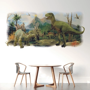 3D realistic dinosaur wall stickers featuring T-Rex and forest for kids bedroom decoration
