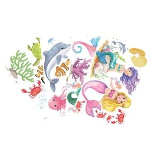 Détail de stickers muraux océan avec sirènes, tortues et coraux de style aquarelle douce