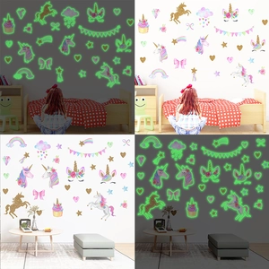 Glow In The Dark Unicorn Wall Stickers For Kids Girls Bedroom Decor Fluorescent Gold Rainbow Stars PVC Luminous Wall Decals