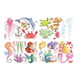 Stickers muraux sirène lumineux aquarelle avec dauphins pour déco de chambre d'enfant