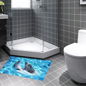 Vue détaillée du tapis de bain 3D dauphin marin dans une salle de bain aux tons gris