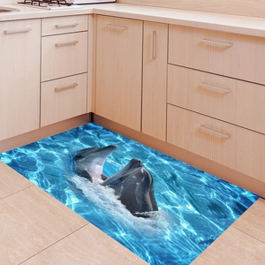 Gros plan du motif dauphin 3D sur un tapis de cuisine rectangulaire antidérapant océan