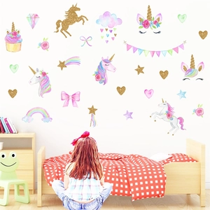 Golden unicorn wall stickers with rainbows and stars for children bedroom decor