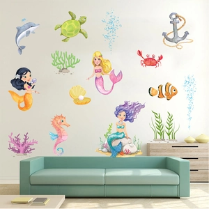 Stickers muraux sirène lumineuse avec créatures marines pour chambre d'enfants