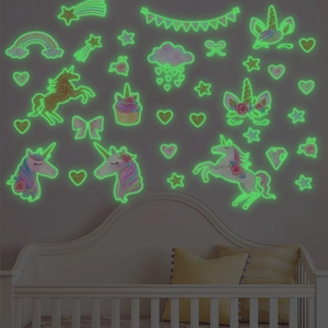 Luminous unicorn wall decals set for kids bedroom showing glowing green neon light effect
