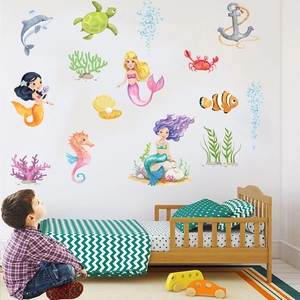 Stickers muraux sirène et corail de dessin animé pour décoration de chambre d'enfant