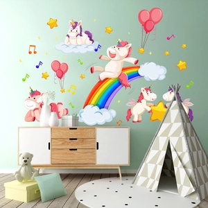 Regenbogen Einhorn Wandtattoo mit bunten Ballons und Sternen fürs Kinderzimmer