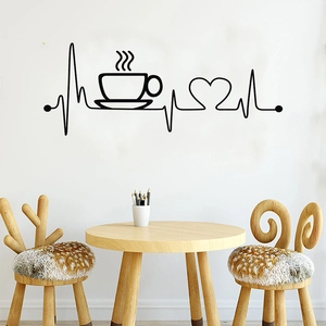 Minimalist black coffee cup and heartbeat wall sticker for kitchen and dining room decor