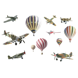 Cartoon vintage airplane and colorful hot air balloon wall stickers set for room decor
