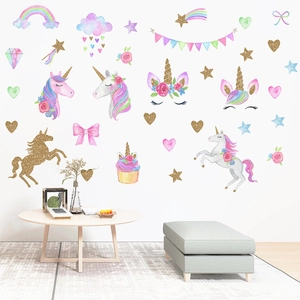 Watercolour unicorn wall stickers with rainbows and stars for kid bedroom decor