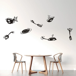 Cartoon Kitchen Utensils Personified Wall Sticker Waterproof Black PVC Coffee Cup Fork Decal For Kitchen Dining Room Decor
