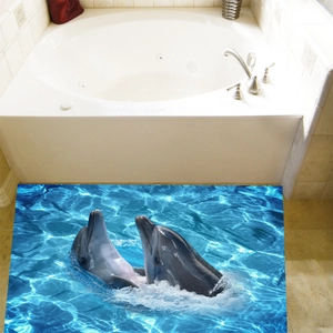 Sticker de sol 3D océan avec dauphins et vagues dans une salle de bain moderne