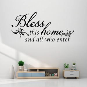 Sticker mural Bless this home avec lettrage noir élégant et motifs de vignes décoratifs