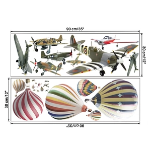 Detail view showing dimensions of vintage cartoon airplane and hot air balloon wall stickers
