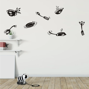 Funny kitchen wall stickers featuring cartoon coffee cup and utensils for home decor