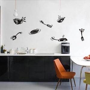 Funny kitchen wall stickers with cartoon coffee cup and cutlery facial expressions