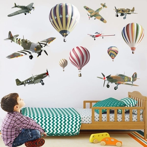 Vintage cartoon airplane and hot air balloon wall decals for children's bedroom decor