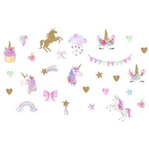 Luminous unicorn wall stickers with gold glitter patterns for kids bedroom decor
