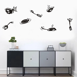 Funny kitchen wall decals featuring cartoon coffee cup and cutlery with cute faces