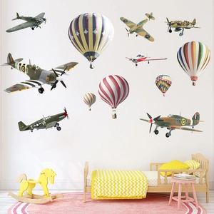 Retro Airplane Hot Air Balloon Wall Stickers For Kids Room Removable Waterproof PVC Home Decor DIY Printed Cartoon Mural