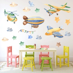 Watercolor Airplane Spacecraft Stars Wall Stickers Removable PVC Decals For Kids Room Nursery Decor Modern Aircraft Wall Art