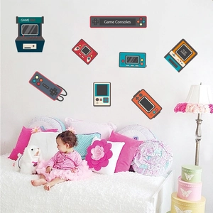 Retro gaming wall stickers with controllers and arcade machines for nursery decor
