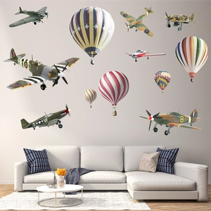 Retro cartoon airplanes and hot air balloons wall stickers for kids bedroom decor