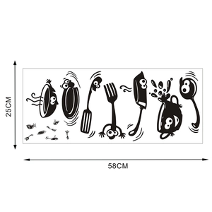 Cartoon kitchen wall sticker set with spoon and fork, size 25x58cm black decals