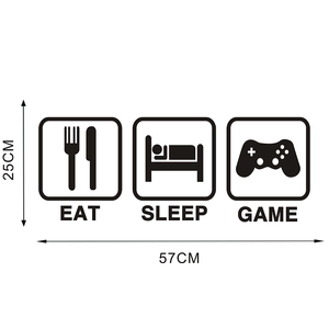Detail of Eat Sleep Game wall sticker showing icons and 57cm x 25cm size specifications