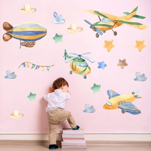 Water color plane and stars wall stickers set for children's bedroom decor