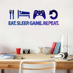 Blue galaxy game controller wall decal with Eat Sleep Game Repeat quote for bedroom