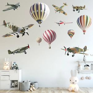 Detailed wall sticker set featuring vintage fighter planes and colorful hot air balloons
