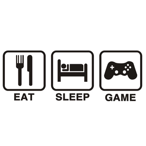 Eat Sleep Game wall decal with minimalist black icons of cutlery, bed and game controller