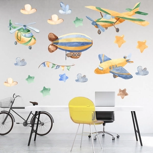 Watercolor airplane wall stickers with stars and clouds for kids room wall decoration