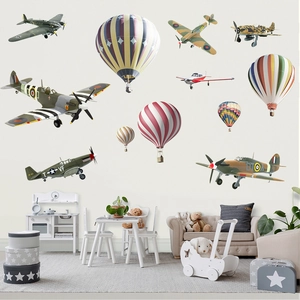 Vintage cartoon airplane and hot air balloon wall decals set for nursery room decor