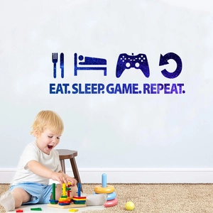 Eat Sleep Game Repeat Wall Sticker PVC Starry Night Game Controller Icon Waterproof Decal For Kids Room Game Room Home Decor