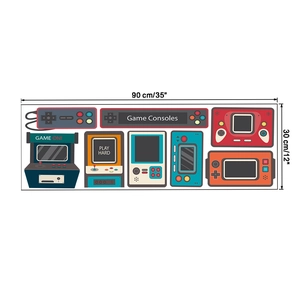 Flat illustration wall stickers with retro game controllers and arcade consoles, 90x30cm