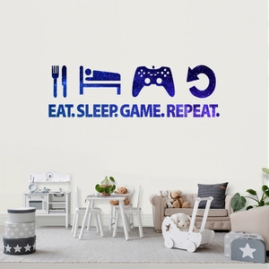 Blue nebula gamepad wall decal featuring Eat Sleep Game Repeat text for kids room decor